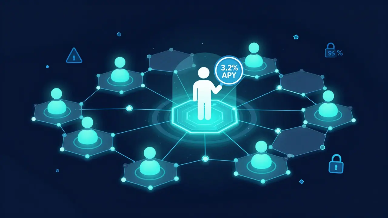 Glowing staking network with nodes showing fluctuating APY and user analyzing estimated yield