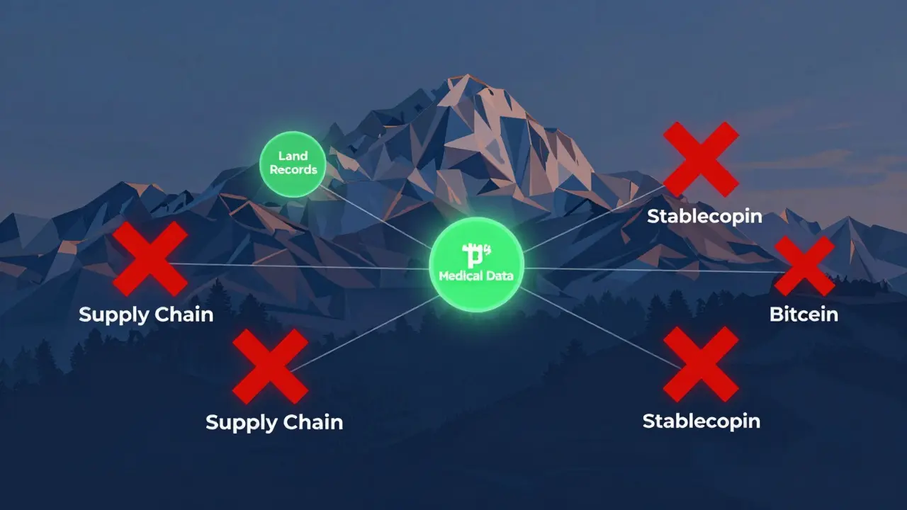 Green blockchain nodes for legal uses vs red Xs over banned crypto tokens.