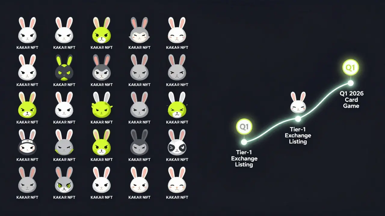 Grid of 10,000 unique KAKA-rabbit NFTs beside a glowing roadmap with future project milestones.