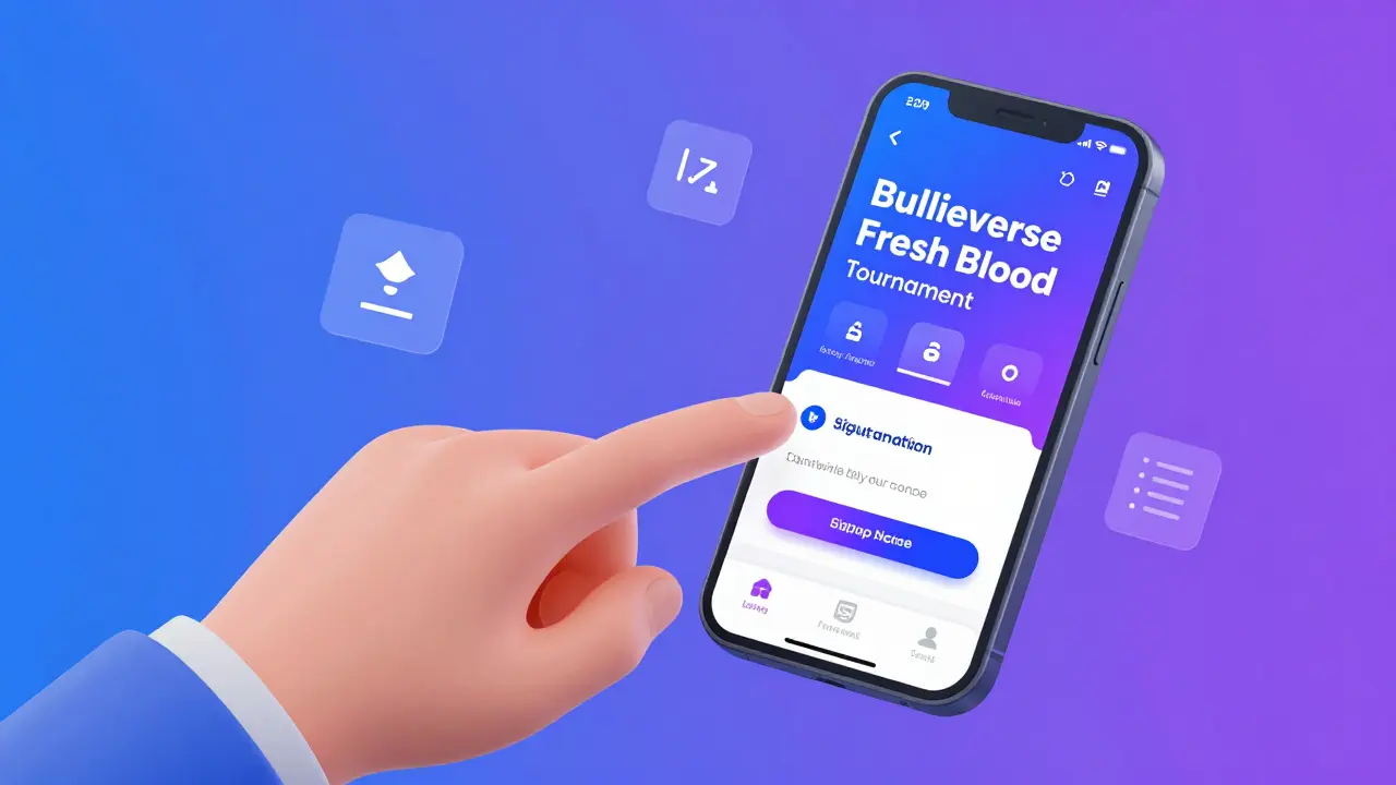 Hand connecting a crypto wallet to a smartphone showing Bullieverse tournament signup screen
