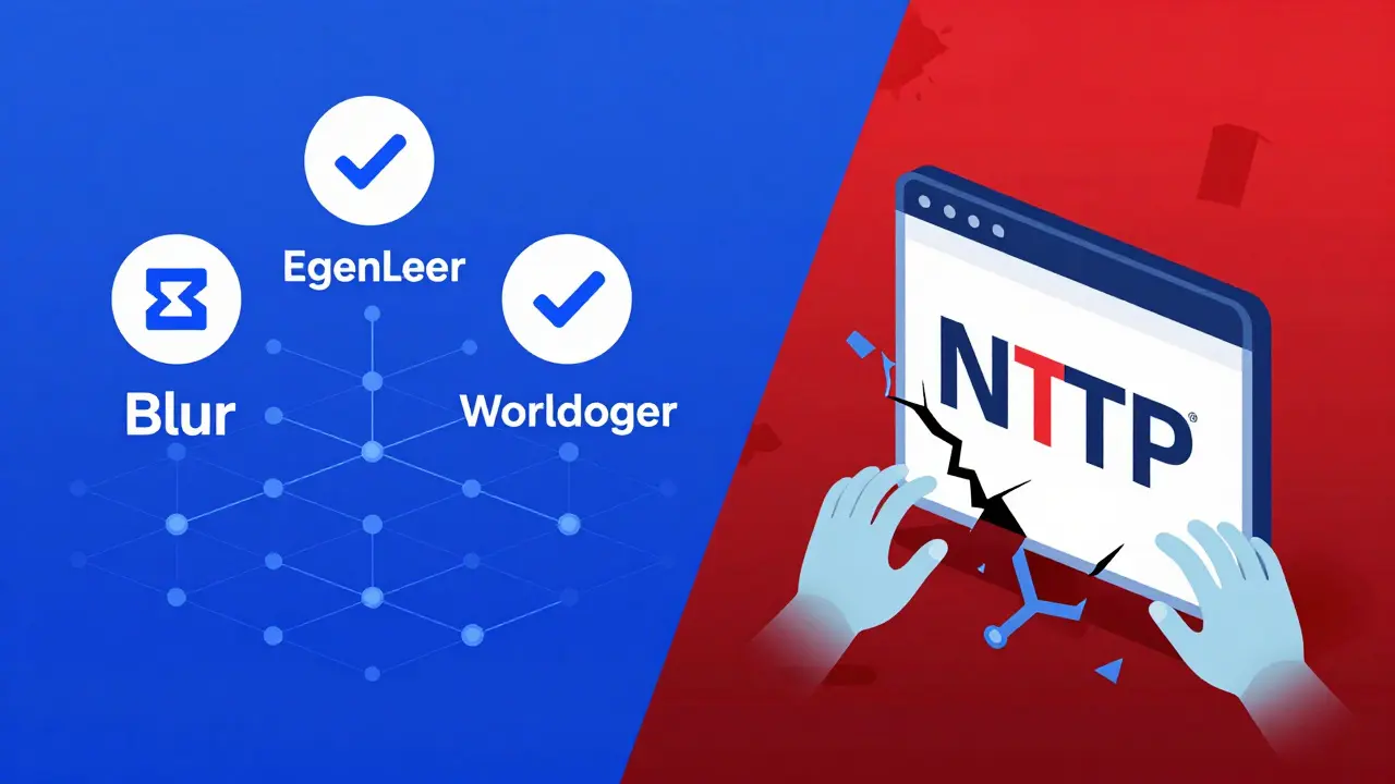 Legitimate airdrops like Blur and EigenLayer contrasted with a crumbling fake NFTP site in vector art.