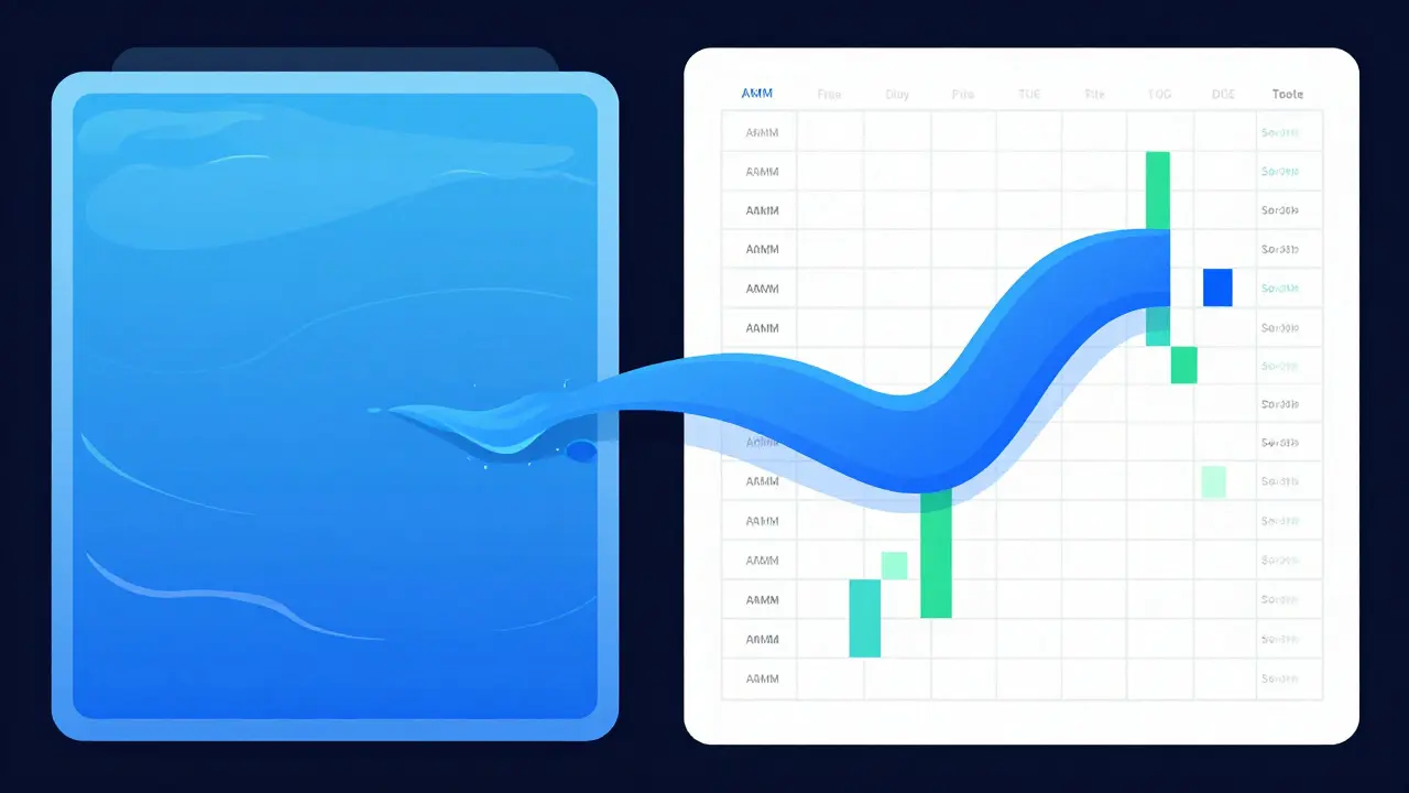 Side-by-side comparison: a smooth AMM liquidity pool versus a detailed order book with visible depth and a large trade moving through it.