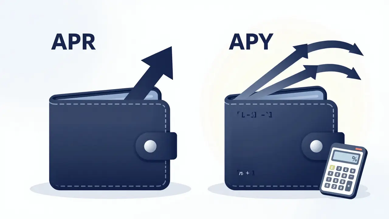 Side-by-side wallet comparison illustrating APR vs APY with cascading compounding arrows