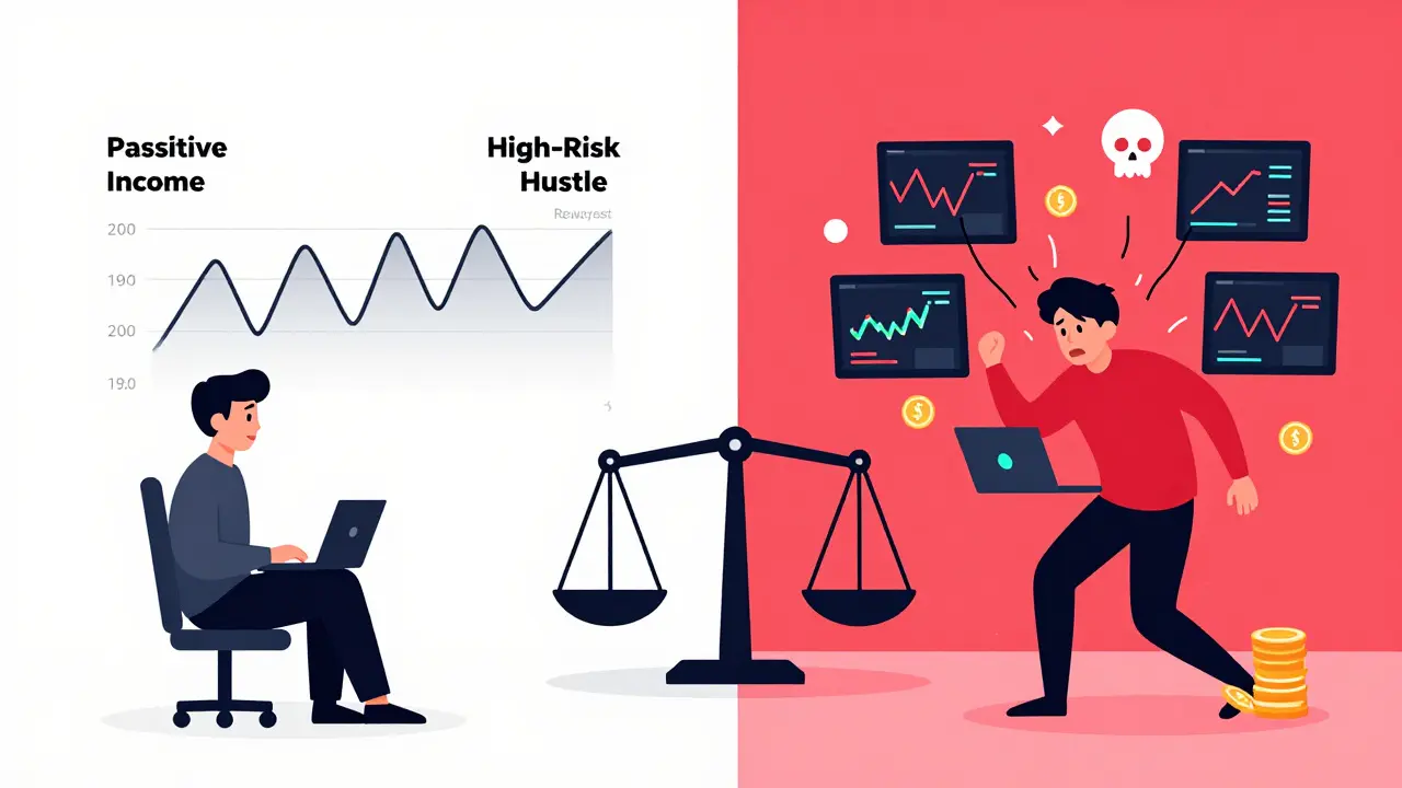 Split scene: calm liquidity mining on one side, chaotic yield farming with rug pulls and gas fees on the other, in clean vector style.