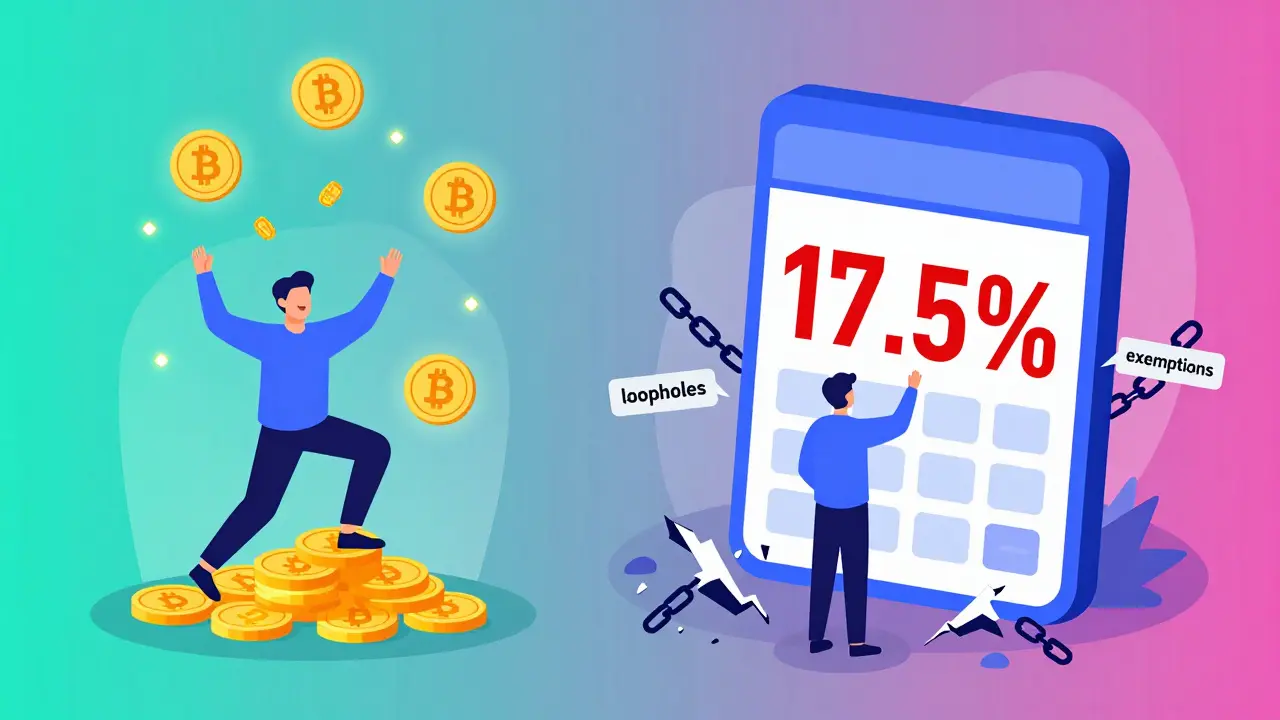 Split scene: staking rewards vs. a 17.5% tax calculator with broken loopholes chains.