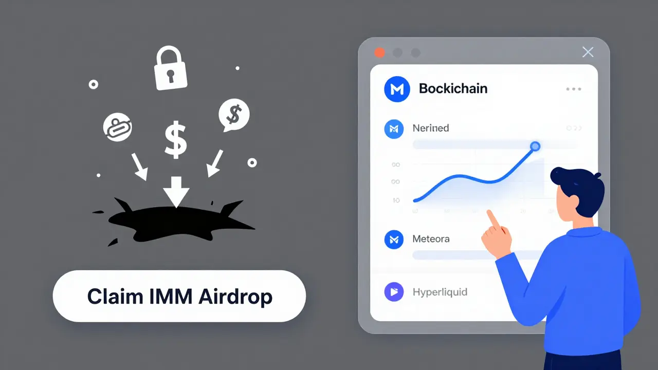 Split-screen: left shows a phishing click triggering a drain, right shows real airdrop participation metrics.
