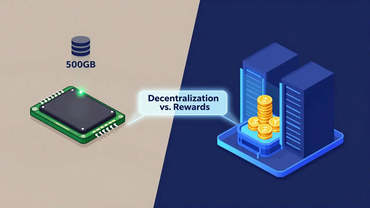 Split-screen vector graphic comparing a low-power full node on Raspberry Pi with a high-end validator server farm.