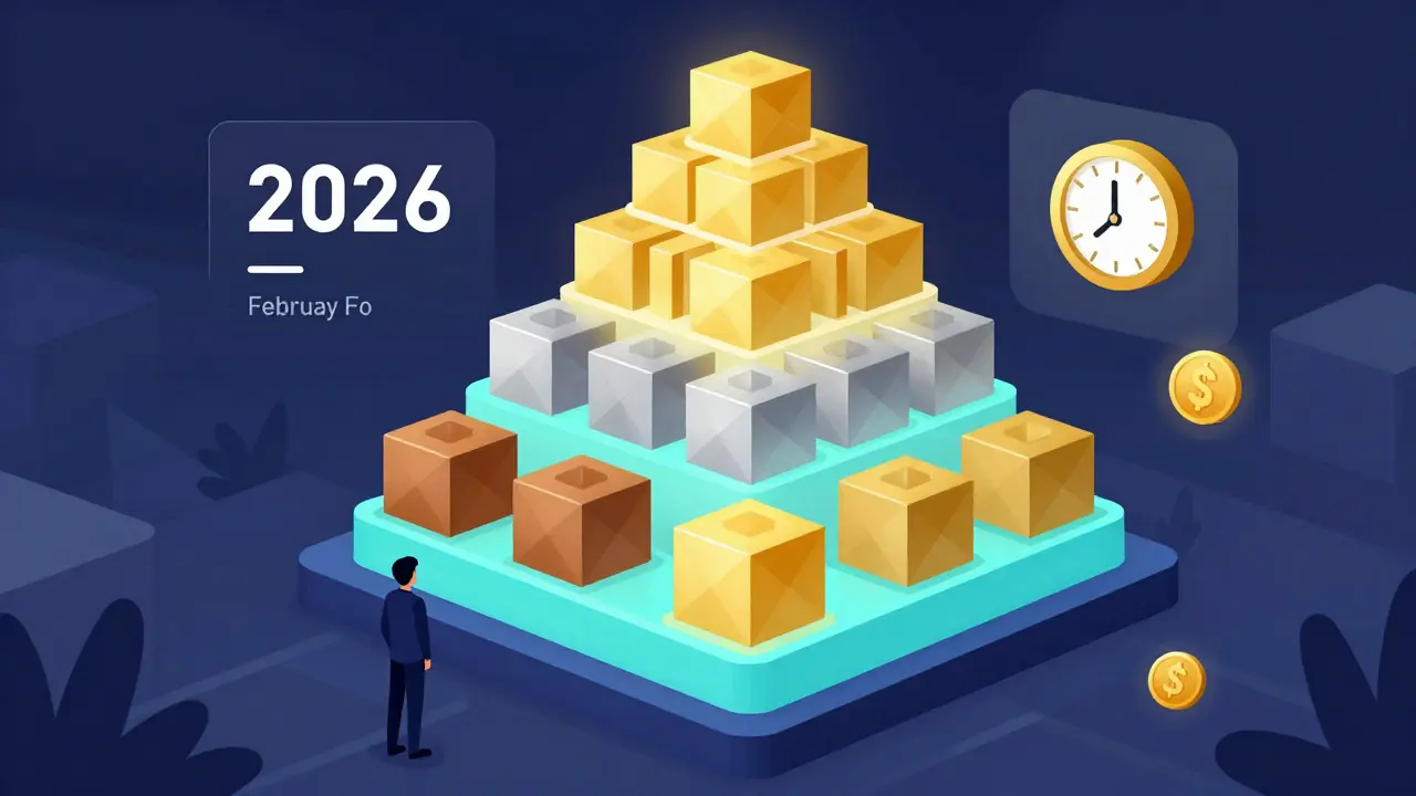 Tiered NFT pyramid glowing with increasing intensity toward February 2026 deadline.