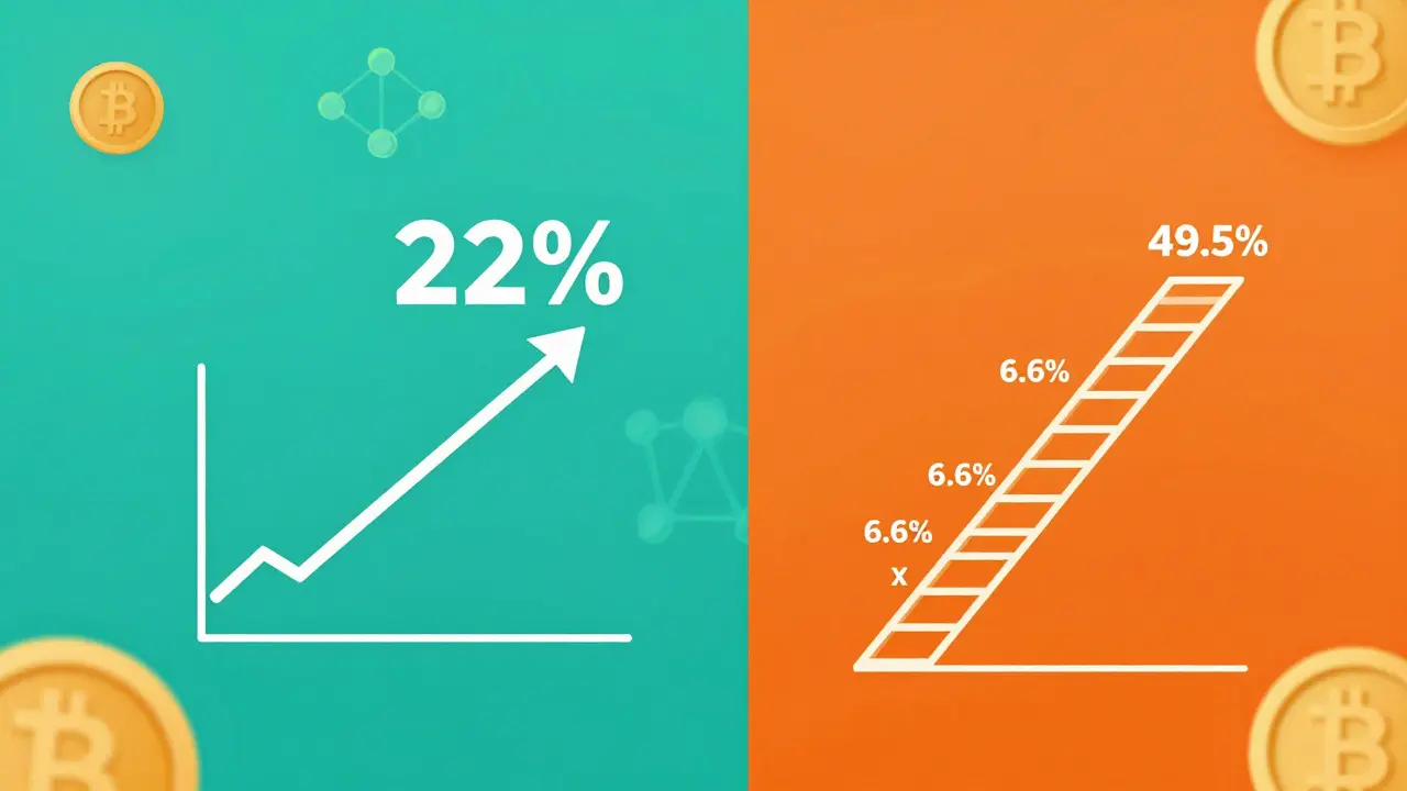 Two financial paths showing 22% capital gains vs. up to 49.5% income tax on crypto earnings