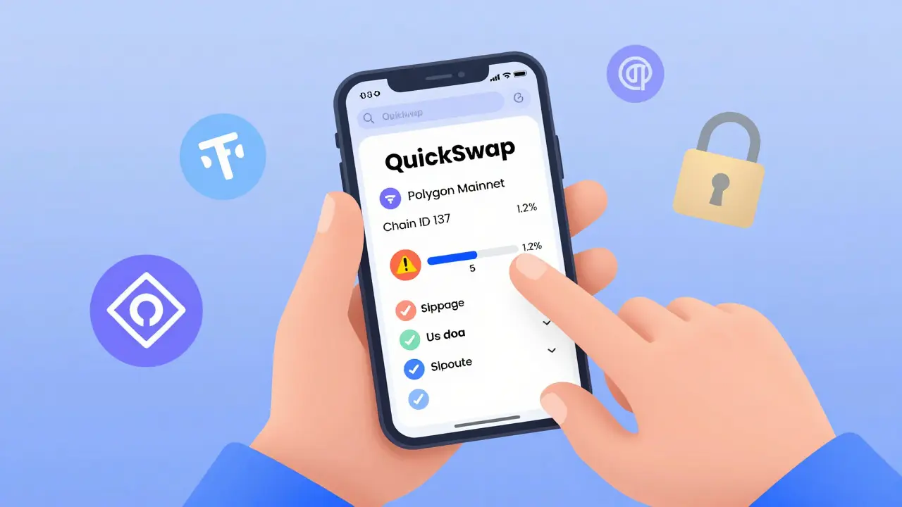 User adjusting slippage settings on QuickSwap via mobile browser with safety indicators.