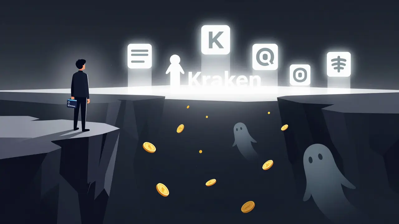 User at edge of digital cliff overlooking an abyss of disappearing coins, with trusted exchanges glowing in the distance.