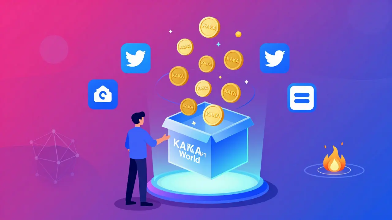 User connecting wallet to KAKA NFT World portal as Mystery Box releases tokens and social tasks orbit nearby.