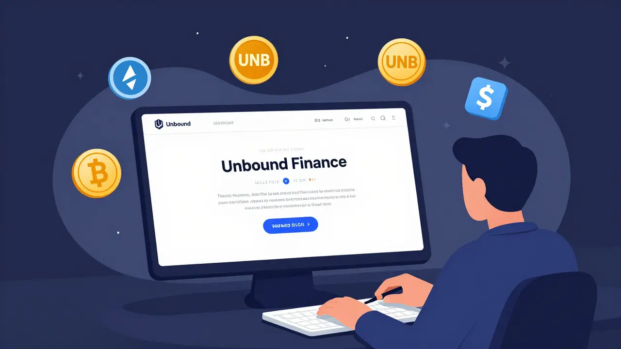 User connecting wallet to Unbound Finance platform with UNB token rewards displayed.
