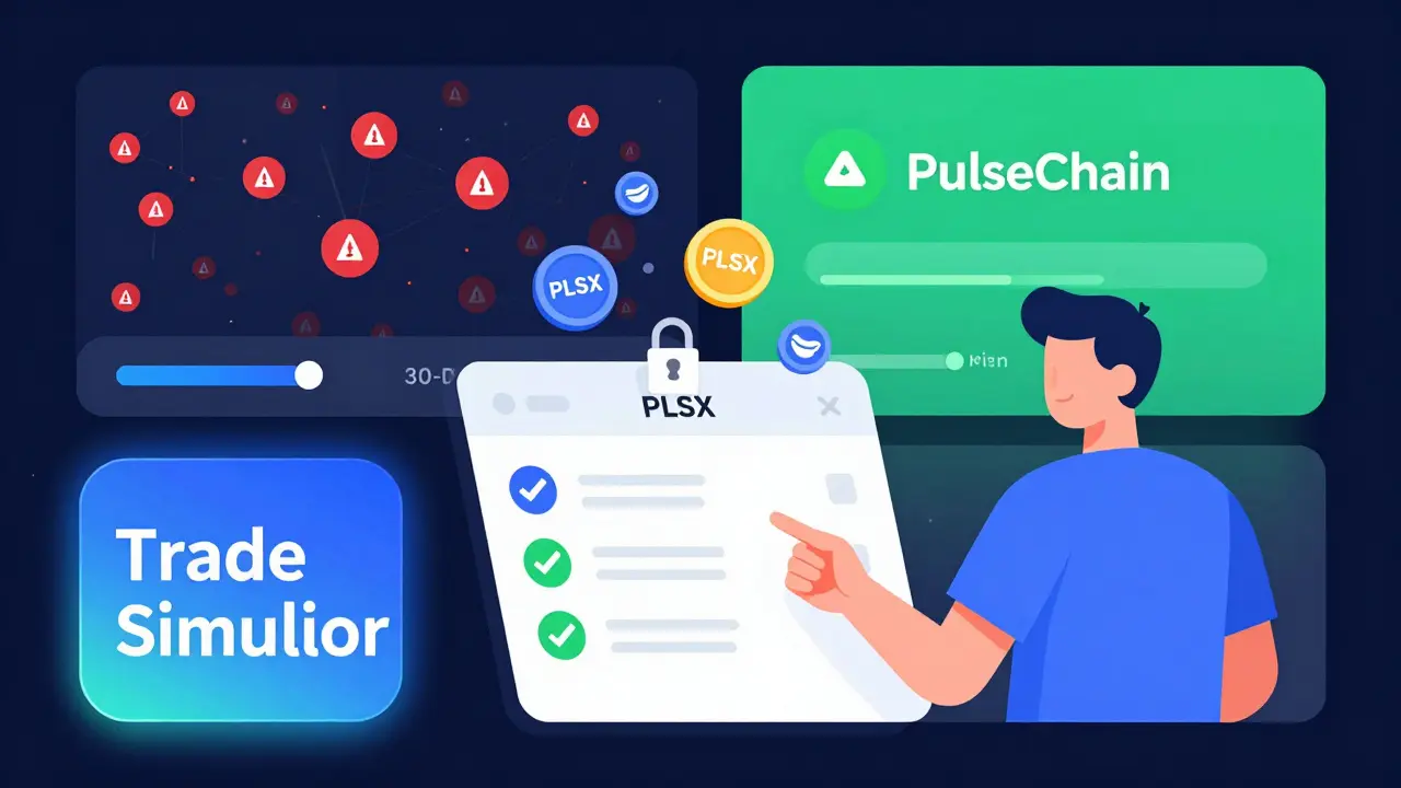 User trading on PulseX with simulator active, contrasting Ethereum congestion and PulseChain efficiency