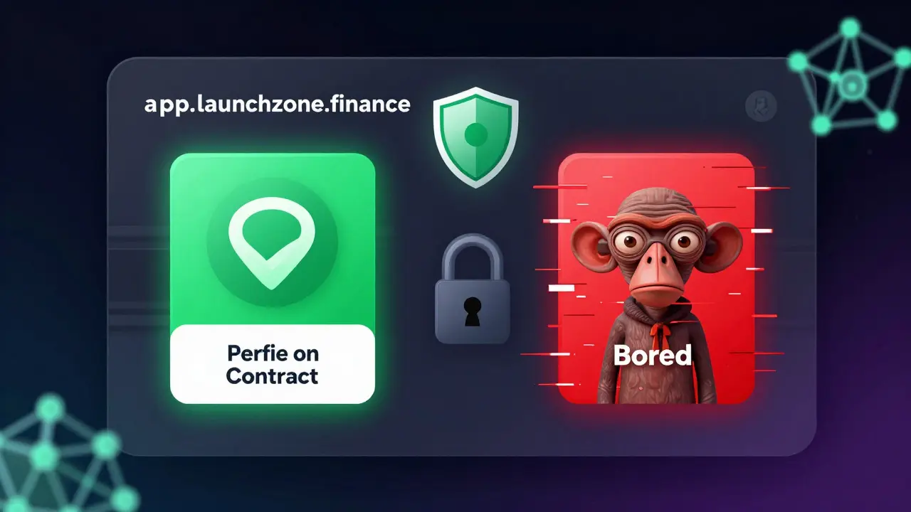 Verified and fake NFTs being sorted by a secure staking portal with shield protection.