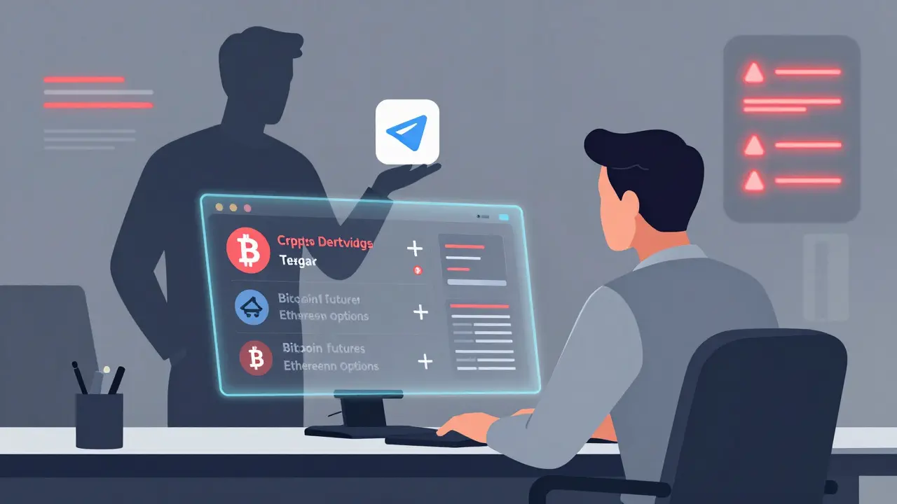 Wealthy investor in Moscow viewing crypto derivatives on a digital dashboard, with hidden P2P trading in the background.