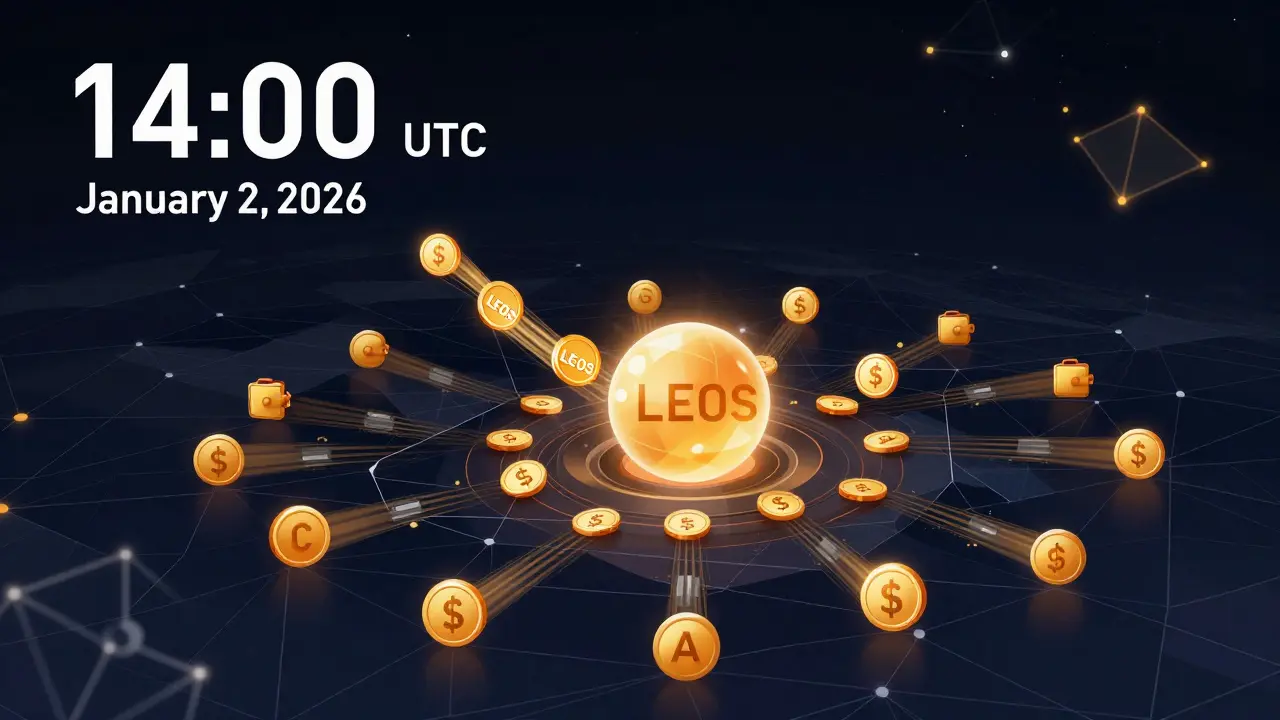43,000 wallets receiving LEOS tokens from a central smart contract on a blockchain network map at 14:00 UTC.