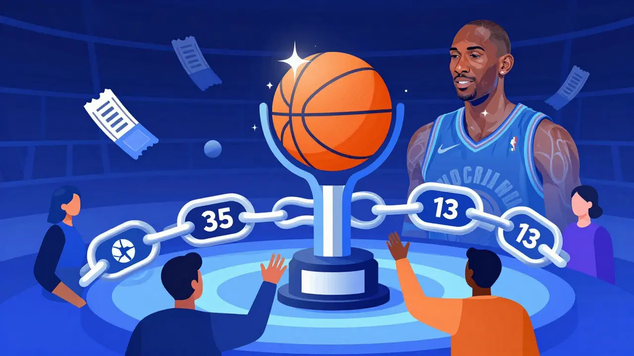A blockchain chain connecting a basketball to a digital trophy, with 35 and 13 embedded in the links, surrounded by fan avatars.