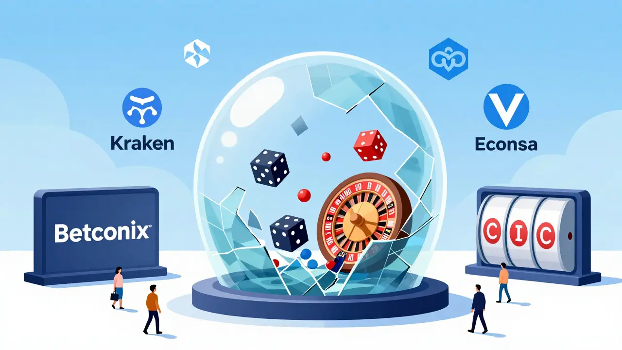 A cracked Betconix dome spilling casino symbols, while legitimate exchanges stand safe under regulatory light.