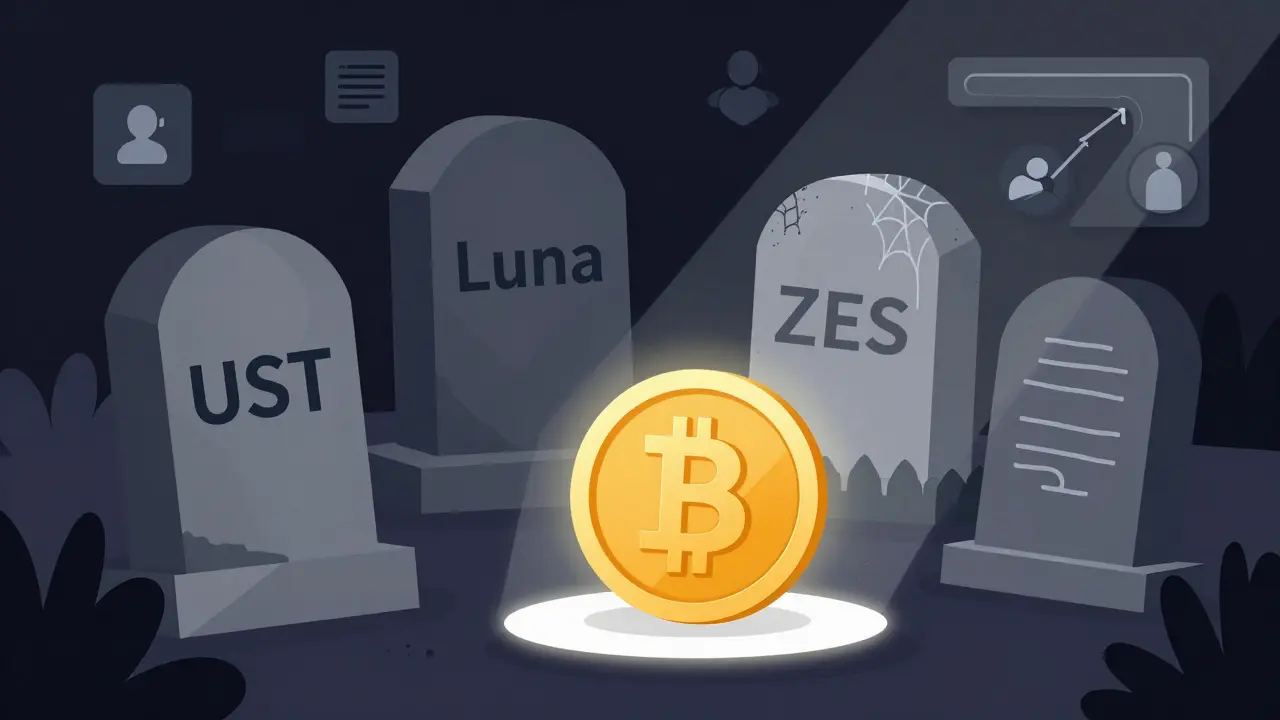 A crypto graveyard with ZES tombstone buried in dust, contrasted by a glowing USDC coin in the foreground.