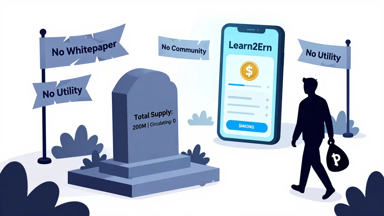 A crypto tombstone for $MKONG labeled 'Circulating: 0' in a graveyard of failed tokens.