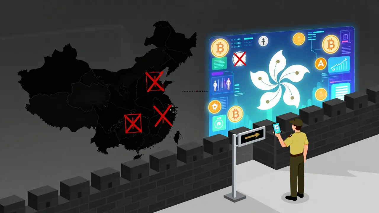 A digital wall dividing mainland China's banned crypto zone from Hong Kong's licensed financial zone.