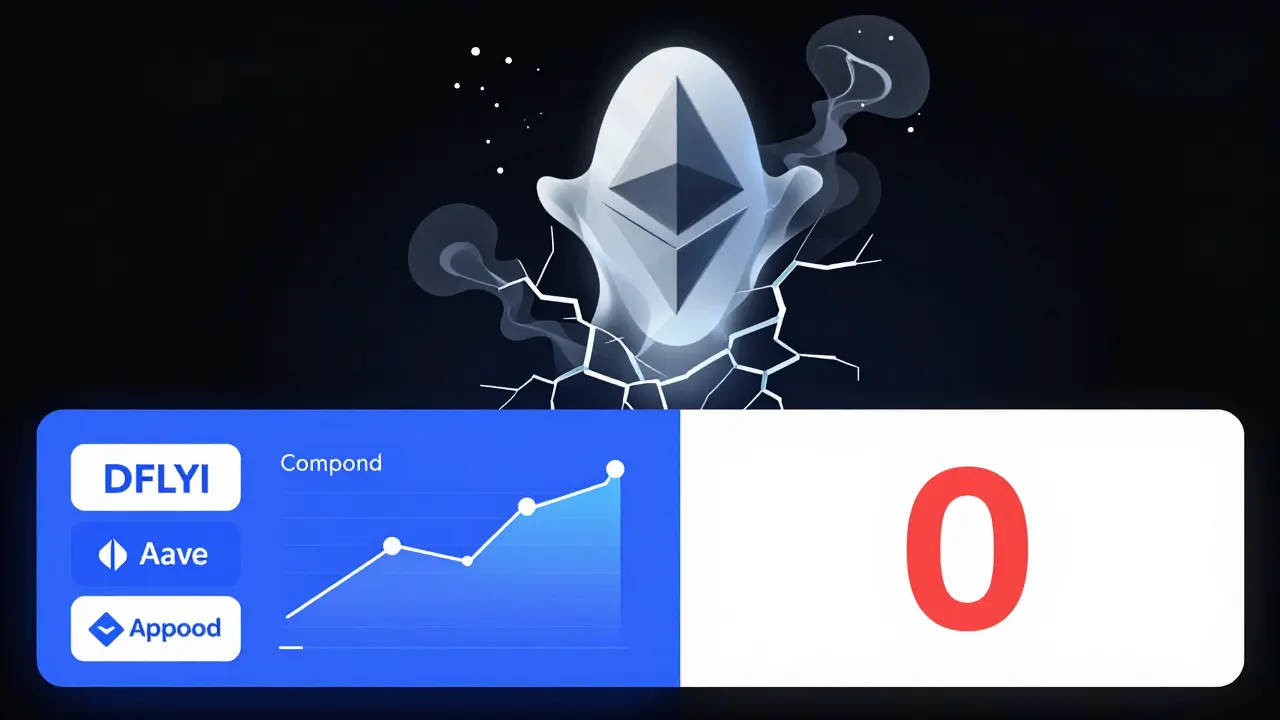 A dissolving FLY token beside a ghostly blockchain, contrasted with thriving DeFi projects.