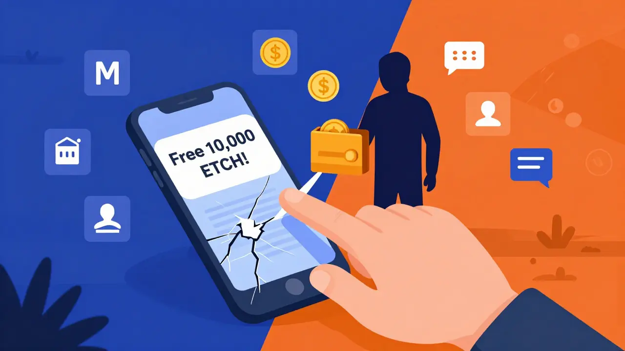 A hand clicking a fake airdrop link while coins drain from a wallet.