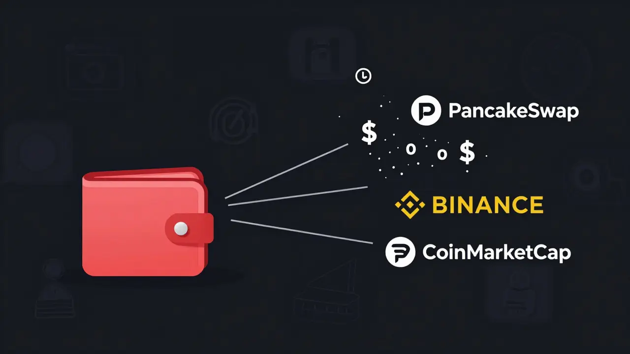 A lone wallet connected to flickering exchange logos with collapsing price data and ghosted social icons.