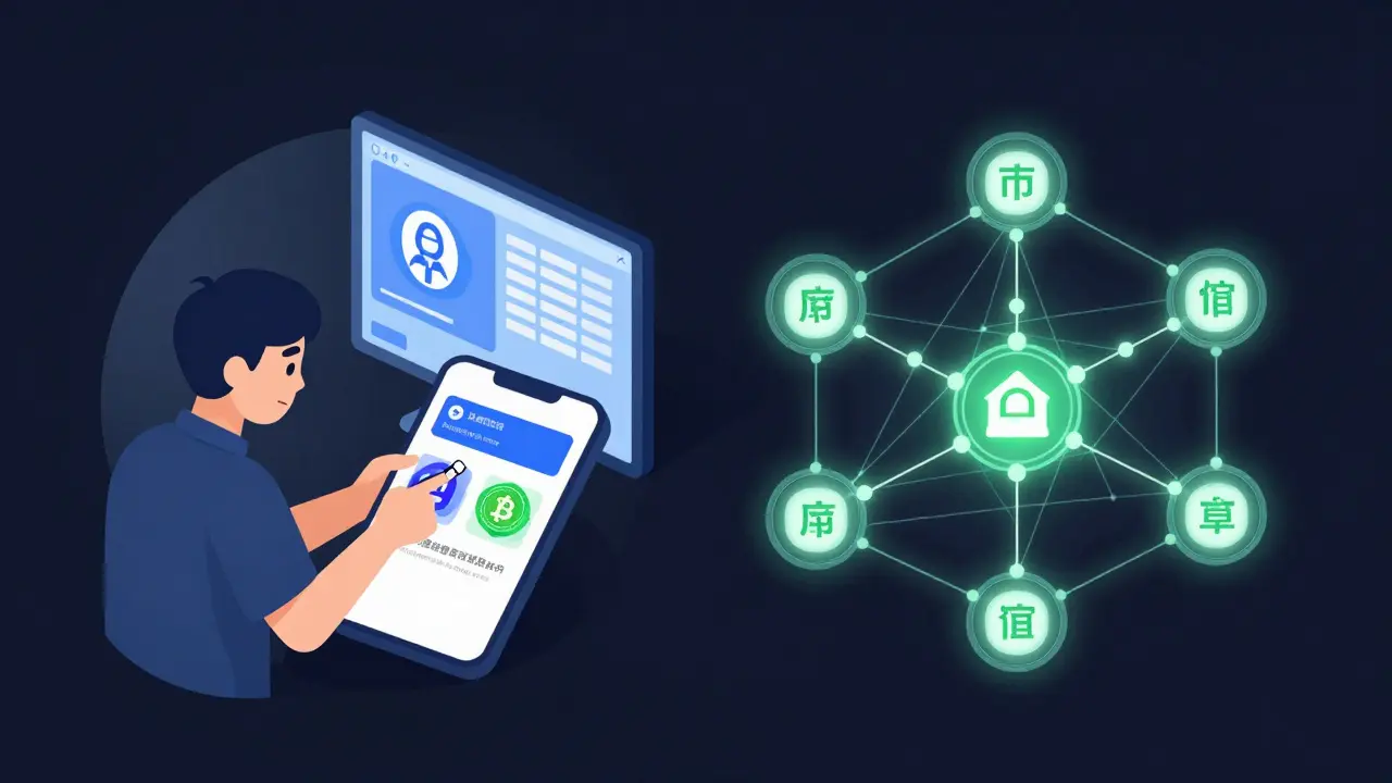 A person deleting a crypto app while a state-approved blockchain network glows beside them.