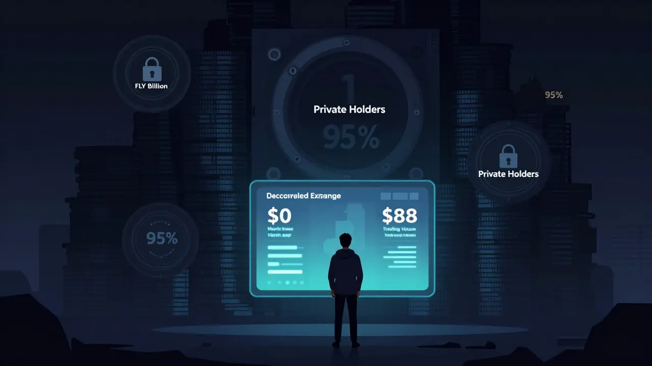 A solitary figure facing a zero-market-cap screen amid locked FLY tokens.