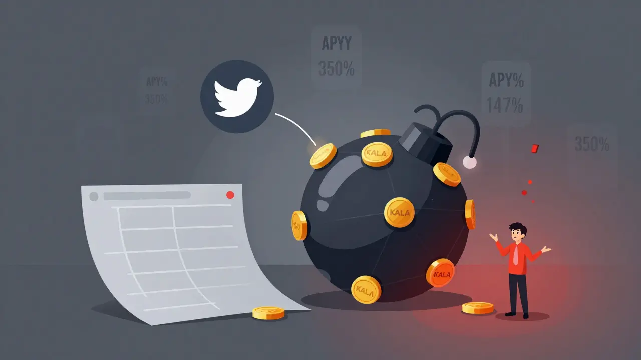 A ticking bomb made of KALA tokens and blockchain nodes, symbolizing a failing DeFi project.