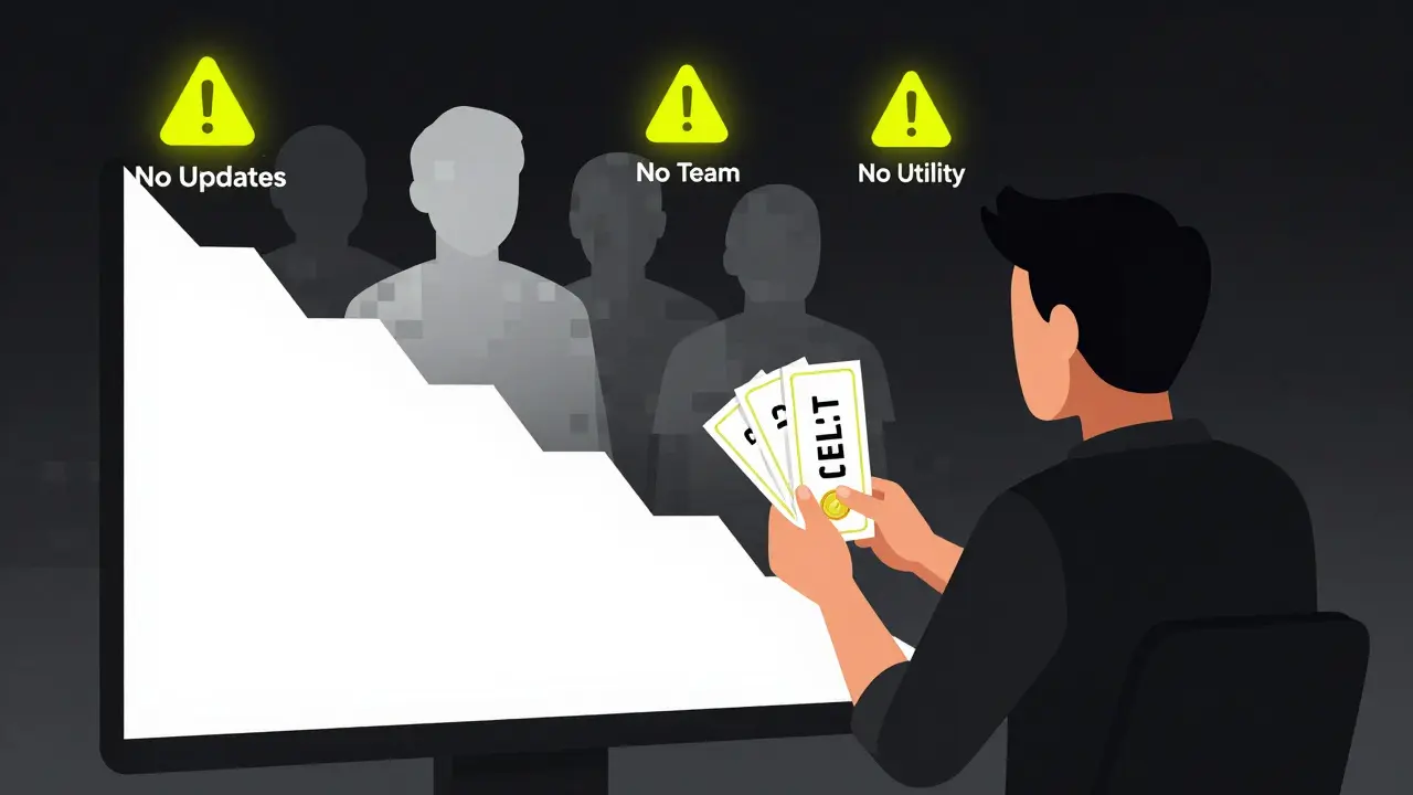 A trader holds millions of CELT tokens as the price crashes, while the team fades into pixels.