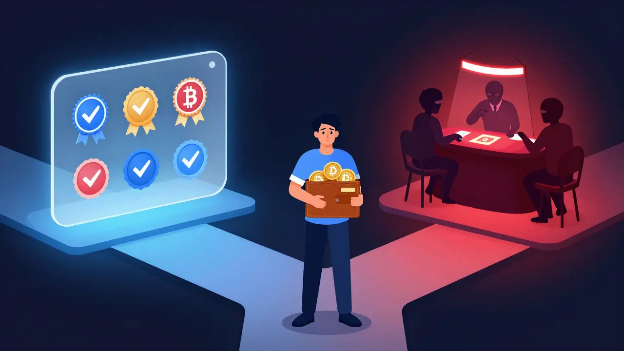 A user at a crossroads between a secure crypto exchange and a shadowy casino, uncertain which path to take.