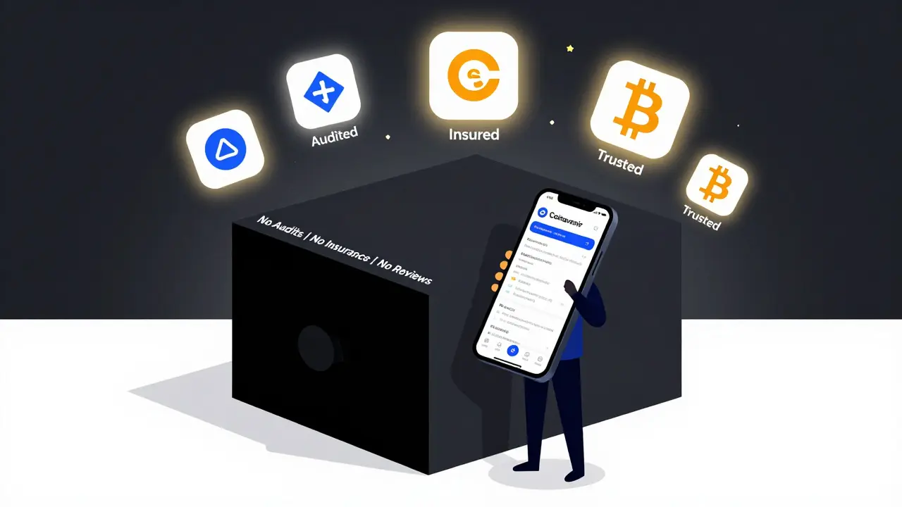 Beginner facing a black box of unknown security while trusted exchanges glow in the background.