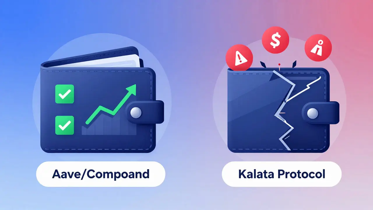 Contrasting secure and risky crypto wallets with visual symbols of safety versus collapse.