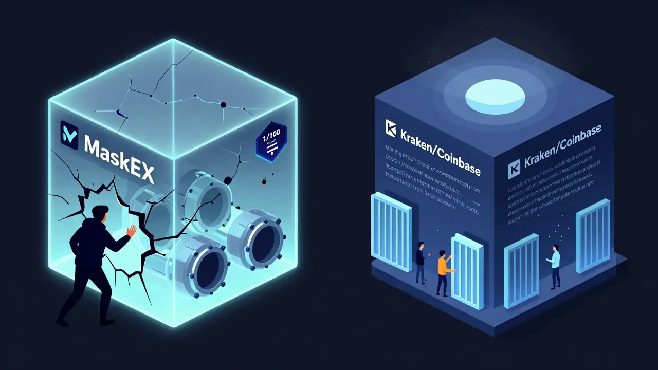 Contrasting vector images: a crumbling MaskEX platform versus a secure, transparent exchange with verified reserves.