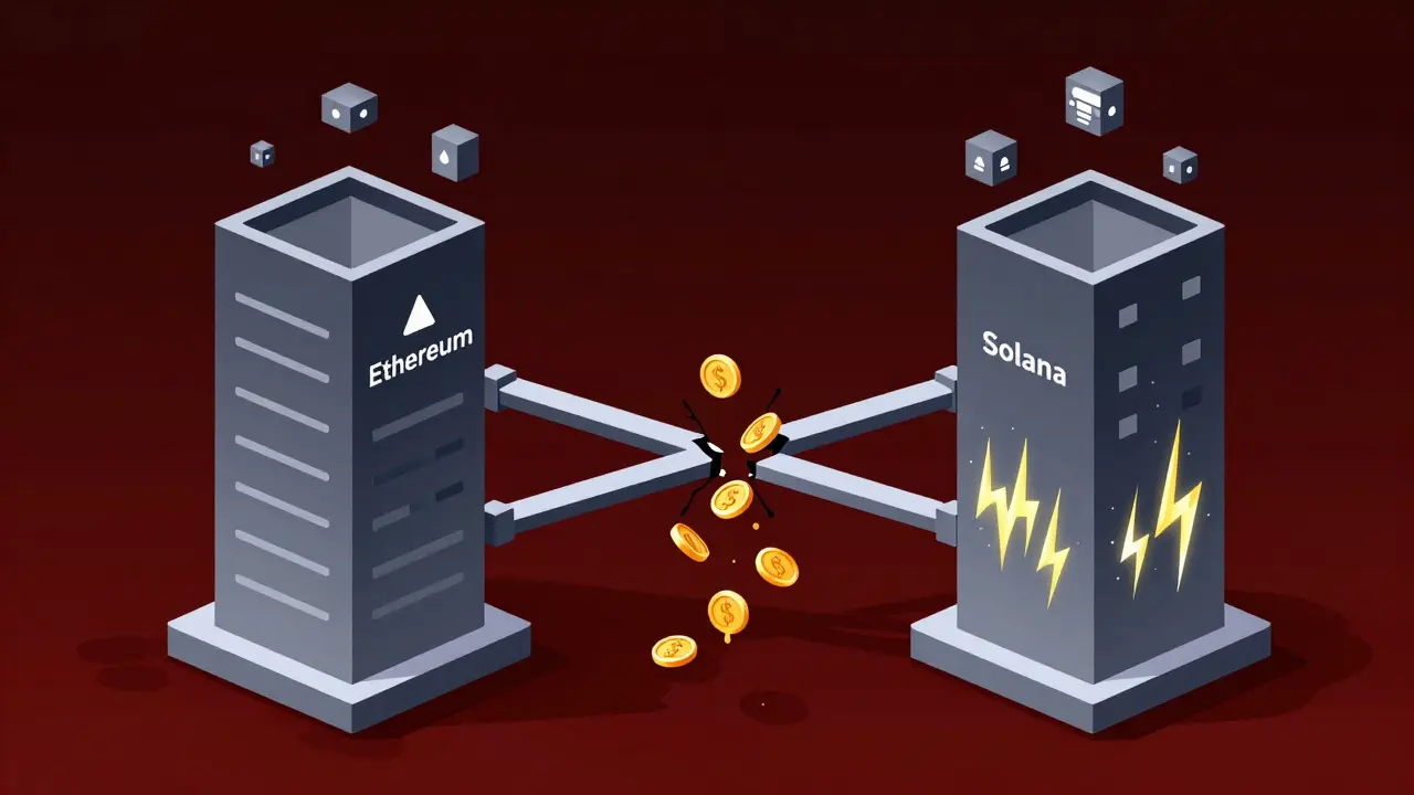 Cross-chain bridge with collapsing connector and dripping coins, symbolizing transaction risk between blockchains.