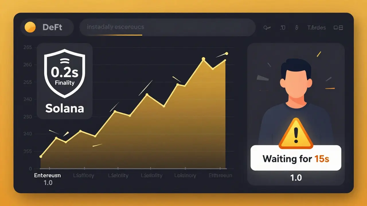 DeFi trading interface showing instant finality on one side and delayed confirmation on the other.
