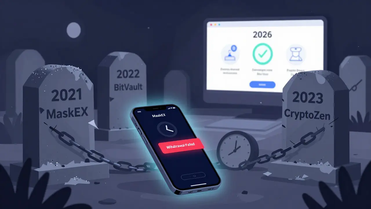 Digital graveyard of failed crypto exchanges with MaskEX's tombstone and a failed withdrawal alert on a smartphone.