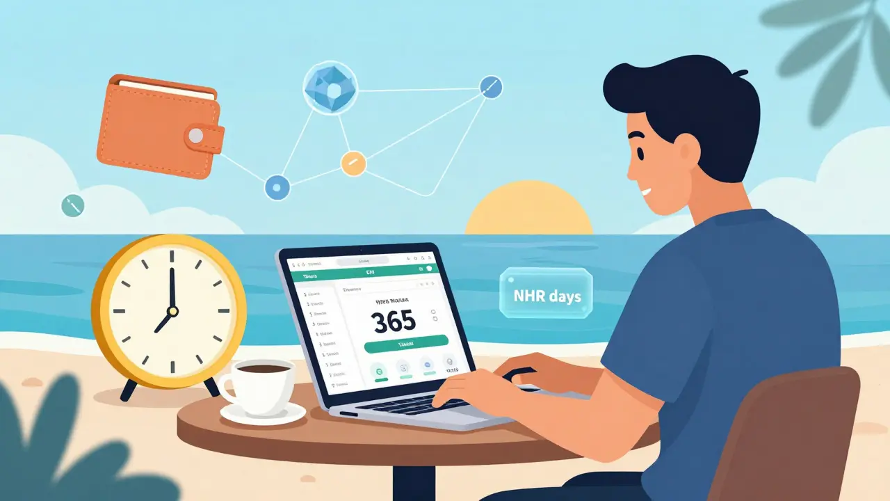 Digital nomad at Lisbon café with crypto tax tool showing zero owed, golden 365-day clock and NHR badge.