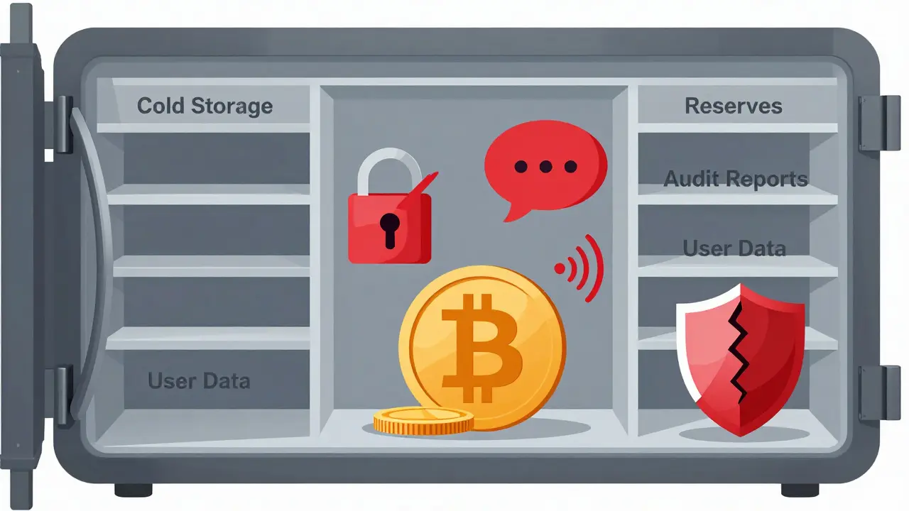 Empty vault labeled with missing security features, surrounded by warning icons.