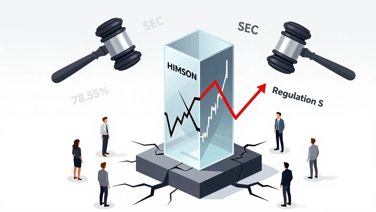 Fragile glass tower labeled HIMSon cracking under regulatory pressure, reflecting both stock price and crypto volatility.