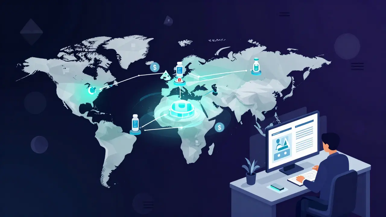Global supply chain with digital tokens flowing over a transparent blockchain ledger