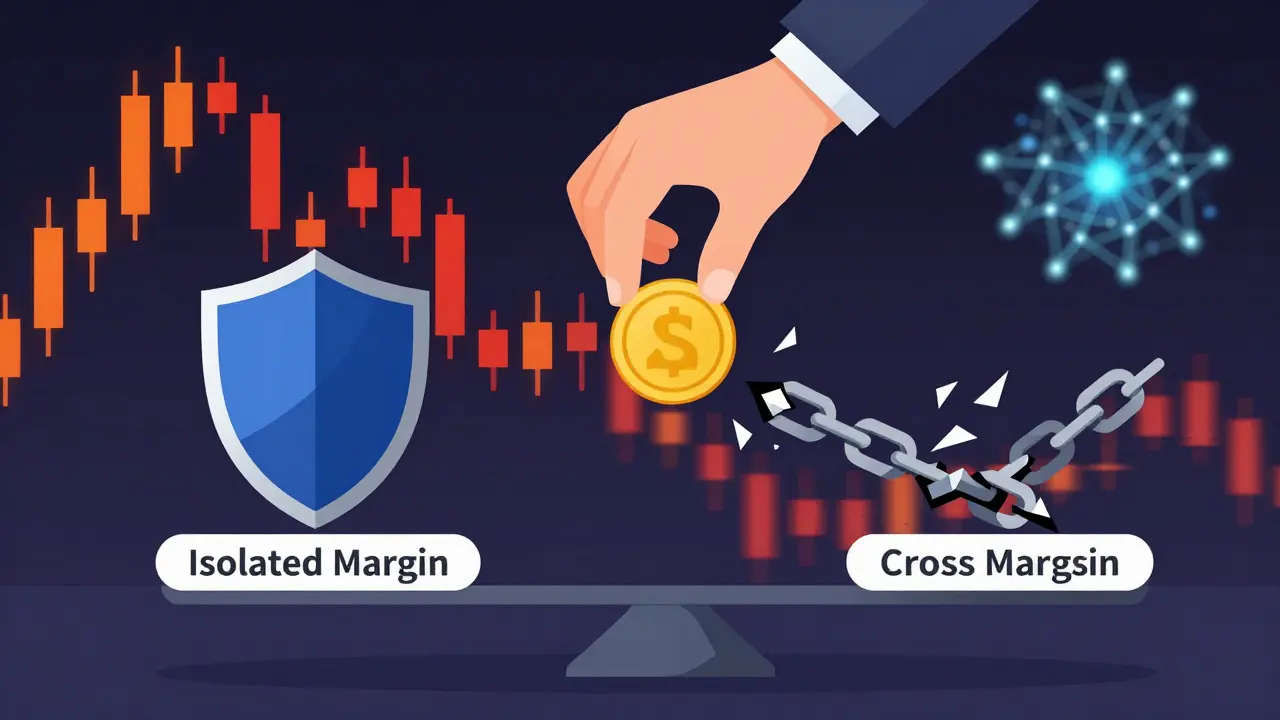 Hand placing a coin on a scale between isolated and cross margin, with stormy price candles in background.