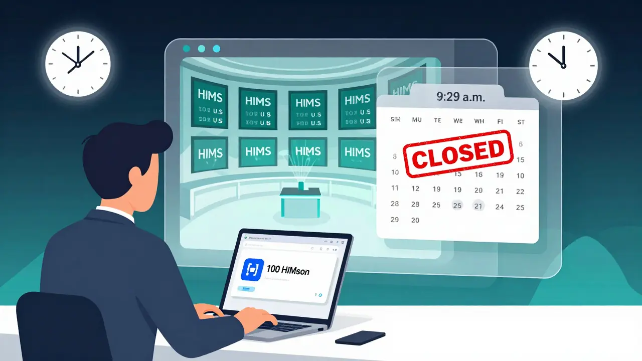 Investor in Singapore viewing HIMSon tokens in a wallet interface, with a redemption portal revealing U.S. stock shares behind.