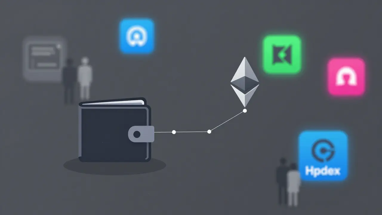 Isolated wallet connected faintly to Ethereum, while other DEXs shine brightly in background.