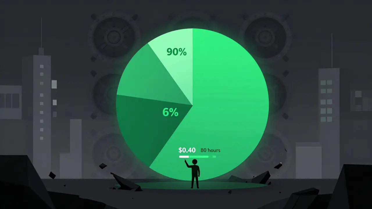 Massive locked token supply overshadowing a tiny circulating portion, with a player receiving minimal rewards.