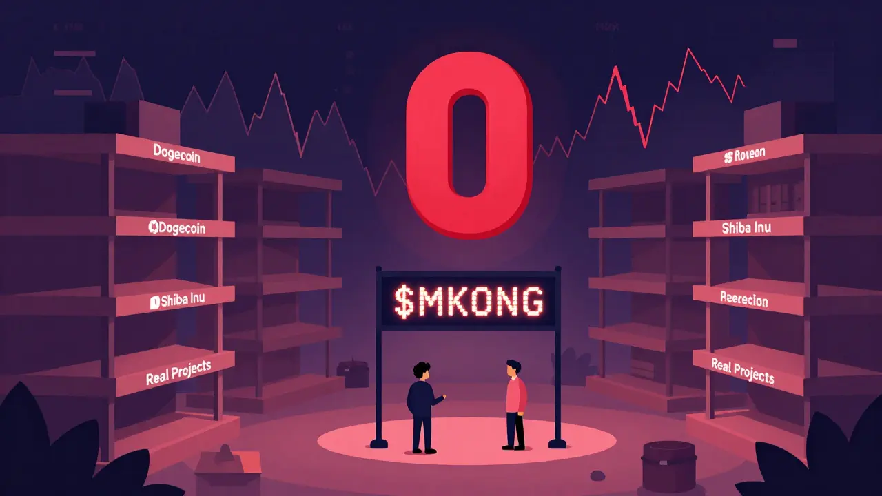 One buyer and seller in an empty marketplace under a flickering $MKONG sign, surrounded by empty shelves.