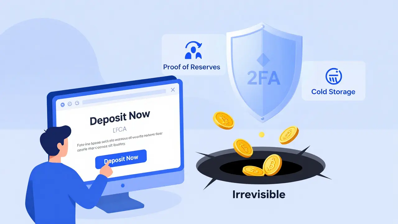 Person depositing crypto into a black hole while security features glow safely in the distance.